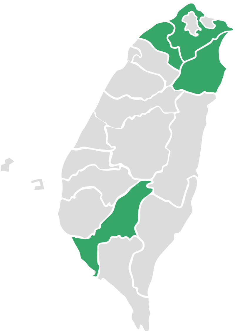 台灣縣市地圖（新北・桃園・宜蘭・高雄標示綠色）