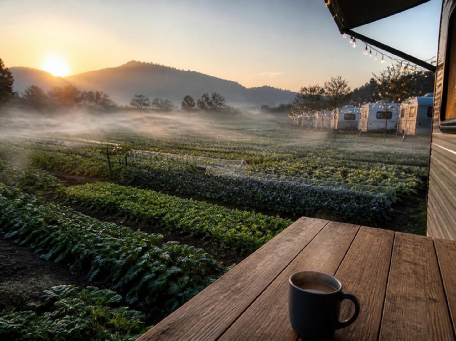 示意圖：清晨薄霧中的菜園，太陽從山後升起，木桌上放著一杯熱咖啡。